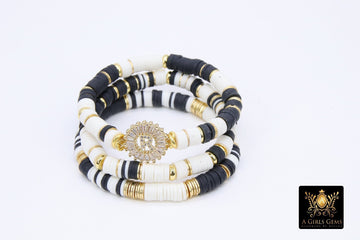 Initial Heishi Gold Stretchy Bracelet #795, Black and White Clay Rondelle Flat Beaded Bracelets, CZ Initial Stacks